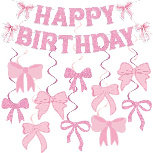 Image of Pink Bow Birthday Decorations - Happy Birthday Banner & Garland with 10 Pink Bows for Girls' Coquette Parties