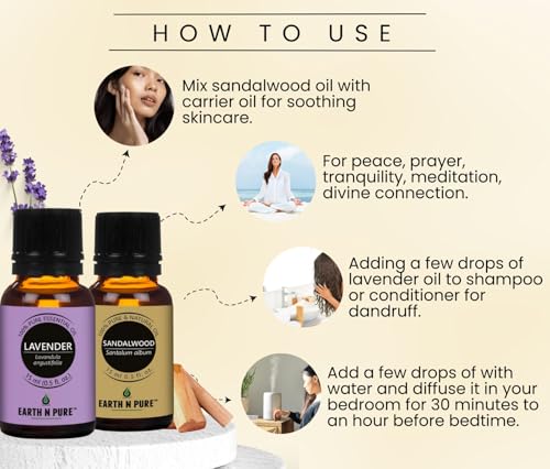 Image of Earth N Pure Lavender & Sandalwood Essential Oils | Pack of 2 (15 ml each) | 100% Pure, Undiluted, Natural and Therapeutic Grade - Perfect for Aromatherapy, Skin Therapy & More