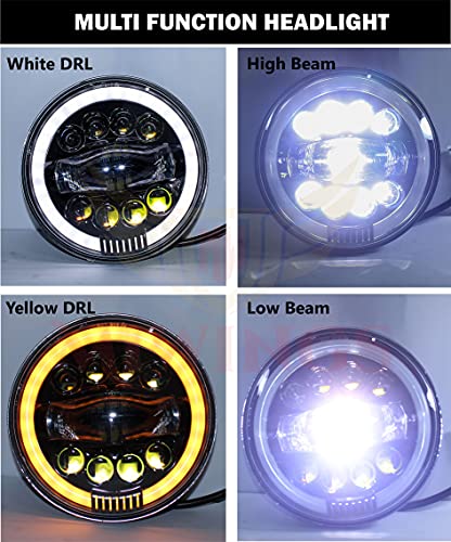 Image of Miwings 7 inch Round LED 1LNG8CB Style Hi /Low Beam Amber & White Headlight 75W H4 Compatible with Royal Enfield, Jeep, Thar, motorcycle, Cars, Harley Davidson