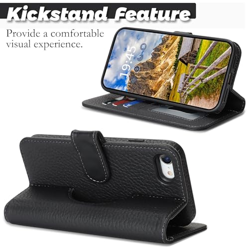 Image of Detachable Genuine Leather Case for iPhone SE 2020 / SE 2022 /7 /8 Wallet Case Magnetic 2in1 Removable Flip Cover Book Purse Compatible with Magsafe Charging Kickstand Card Holder-Black