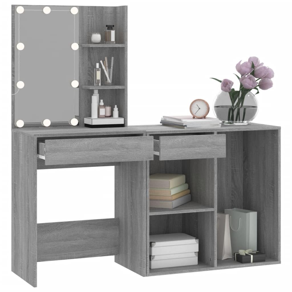 LED-Schminktisch Mit Schrank Grau Holzwerkstoff | Mit Spiegel, USB-Licht Warm-Kaltweiss, Stauraum, Make-up Tisch