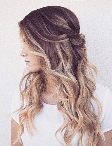 Heahair 22" Full Head Color Black Ombre Gray Clip in Synthetic Hair Extensions 7pcs for Women (Chocolate Brown to sandy Blonde)