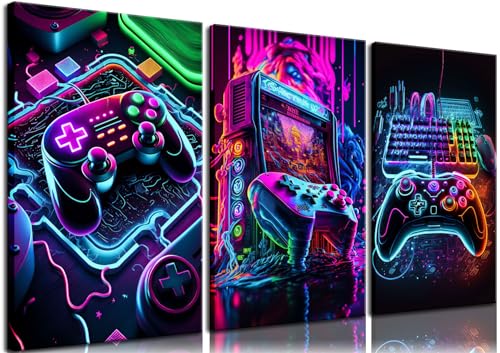 BGFCE Spielzimmer-Dekor-Wandkunst-Set, buntes Neon-Video-Gaming-Thema, Leinwandbilder, Poster, für Jungenzimmer, 30,5 x 40,6 cm, 3 Stück