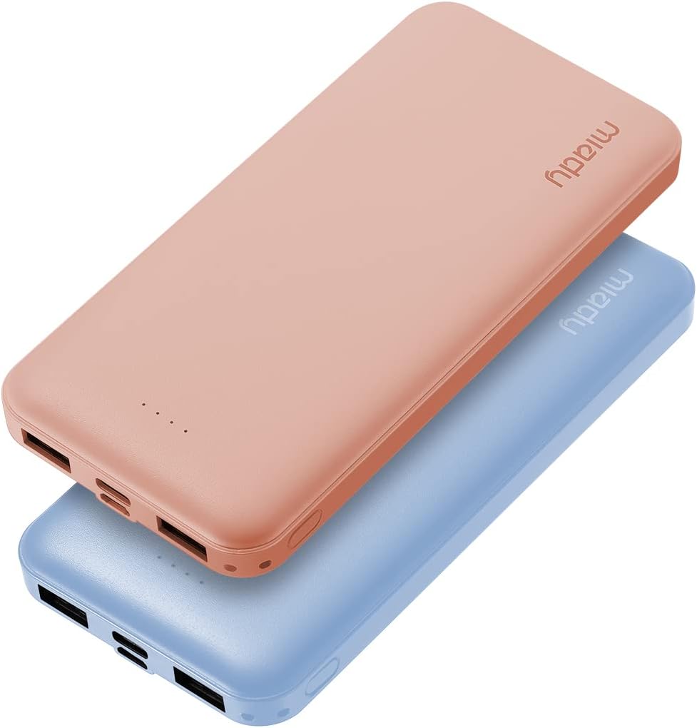 Miady 2-Pack 10000mAh Dual USB Portable Charger, Type-C Fast Charging Power Bank, Slim Backup Charger Battery Pack Compatible with iPhone 16/15/14/13 Galaxy S24/22 iPad Android etc (Blue+Pink)