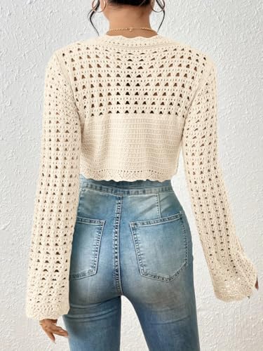 Image of Women's Crochet Lightweight Crop Sweaters Summer Boho Tops Long Sleeve Hollow Out Short Knitwear