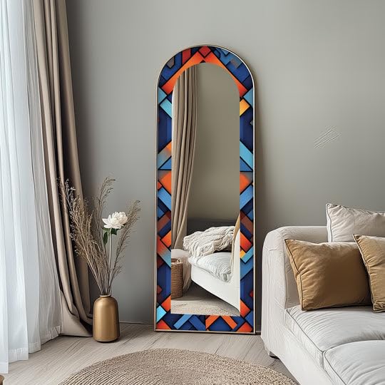 Specchio da pavimento con motivo geometrico, lunghezza intera, 50,8 cm di larghezza x 160 cm di altezza, specchio da pavimento ad arco con cornice nera e cornice dorata