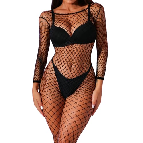 Tosmifairy Womens One Piece Bodycon Black Mesh Jumpsuit Medium Hole Fish Net Club Outfit for Ladies