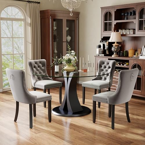 Image of 5-Piece Dining Table Set with 47In Tempered Glass Table and 4 Velvet Upholstered Chairs, Modern Scandinavian Furniture for Dining Room Kitchen(Gray)