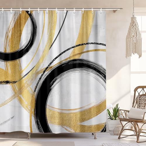 Black Gold Abstract Shower Curtain Boho Aesthetic, Modern Minimalist Grey Geometric Artistic Neutral Bathroom Set Accessories Decor with 12 Pack Hooks Chic Cool Oil Painting Graffiti Man Boy 72"X72"