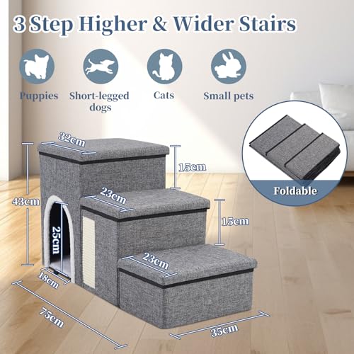 3 Stufen Treppe für Hunde, 75L x 35B x 43H cm, Hundetreppe Faltbare für klein/ältere/große Hunde Katzen, Hundetreppe mit Große Wohnung, Stauraum, Katzen Kratzbrett, Haustiertreppe für Couch und Bett
