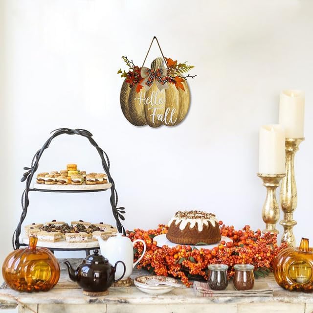 Vista 5 de KPSheng Cartel de bienvenida de madera con texto en inglés «Hello Fall» con texto en inglés «Hello Fall» con texto en inglés «Hello Fall»