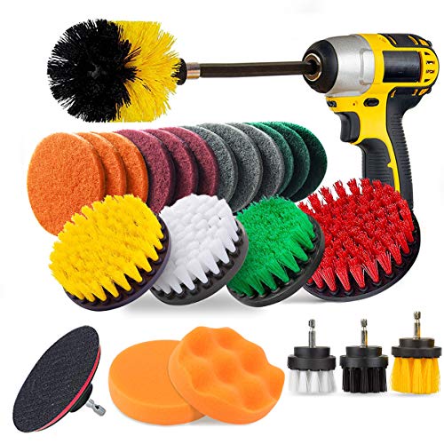JUSONEY 24 Piece Drill Brush Attachment Set Power Scrubber Kit, Scrub Brush with Extend Long Attachment, Scrubing Pads Cleaning Kit for Tile Sealants, Bathtub, Sinks, Floor, Wheels, Carpet