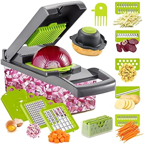 Vegetable/Onion Chopper，Cambom Veggie Chopper with 8 Blades Multifunctional 13 in 1 Food Chopper Kitchen Gadgets Vegetable Slicer Dicer Cutter Carrot and Garlic Chopper With Container Cover