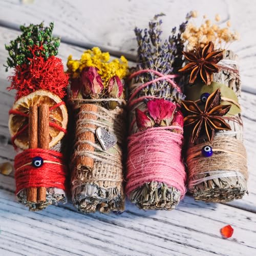 White Sage Smudge Sticks, Smudge Bundle Kit Alternative Spiritual Cleansing Sage Smudge Kit, Floral Sage Bundle Gift, Magical Smudge Stick, Herbal Cleanser, Home/Ritual Cleansing