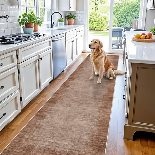 3x12 ft Non Skid Hallway Runner Rug - Kitchen Runner Rug with Rubber Backing Low Pile Thin Carpet Runners for Kitchen Entryway Bathroom,Modern Abstract Neutral(Warm Taupe,3x12)