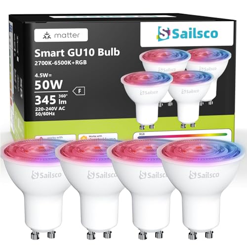 sailsco Matter Lampadina WiFi GU10 Intelligente LED Smart,Compatibile con Alexa,Google Home,Smart Life,4.5W(Equivalenti a 50 W),345LM,Dimmerabile RGB+2700K-6500K Lampadine Multicolore GU10,Pacco da 4
