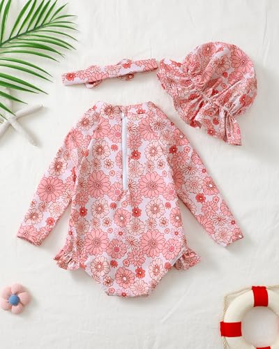 Image of SODLON Baby Girl Swimsuit Long Sleeve One-Piece Infant Bathing Suit 3M-3T | Girls Swim Suit with Hat & Zipper & Headband, Rash Guard Ruffle Swimwear, Toddler UPF 50+ Swimsuits, Baby Beach Essentials
