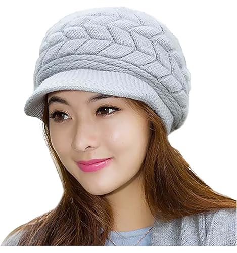 Loritta Womens Winter Beanie Hats Thick Warm Knitted Chunky Soft Slouchy Cap with Visor Brim,Grey