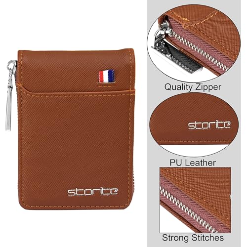 Storite PU Leather 9 Slot Vertical Credit Debit Card Holder Money Wallet Zipper Coin Purse for Men Women - Lightbrown (11.5 x 1.75 x 8 cm) (Image - 4)