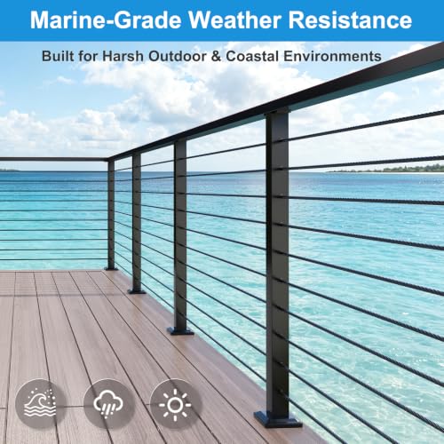 Image of 12FT-20FT 36 inch Black Cable Railing Post Kits with 3 /16 inch Wire Rope | Swageless Cable Railing System Includes 4Pack Drilled Posts, T316 Wire Rope and 3 /16 inch Cable Railing Tensioner Kit for Decks