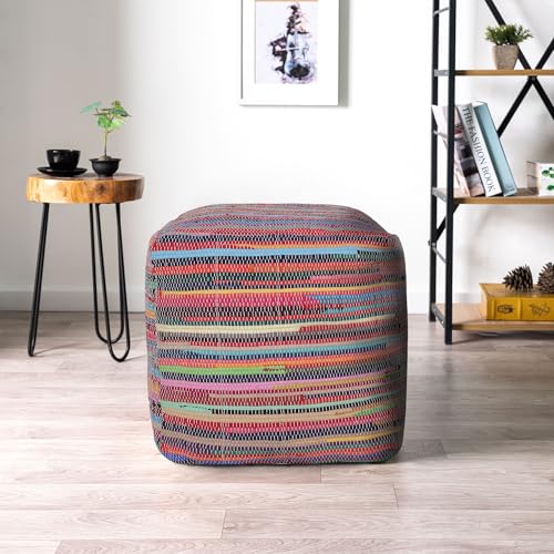 Harlow Hill Handmade Contemporary Striped Square Indoor Pouf Ottoman| Foot Rest for Bedroom & Living Room Stuffed Ottoman for Seating Decor | 18 x 18 x 18, Multicolored