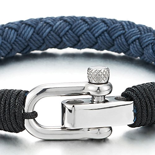 COOLSTEELANDBEYOND Large Braided Cotton Rope Mens Womens Stainless Steel Nautical Screw Anchor Shackle Wrap Bracelet2