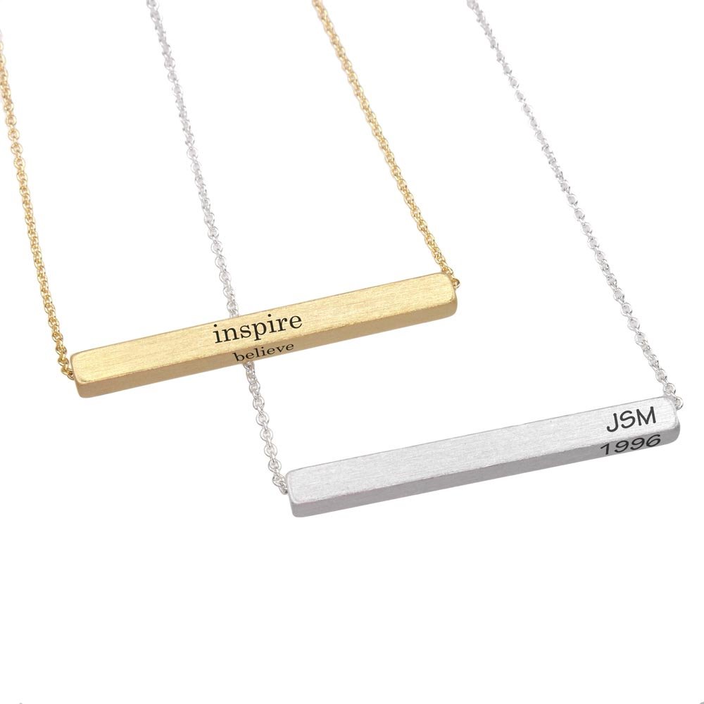 Lauren-Spencer Horizontal bar Personalized Engraved Customized Monogram 3-D 4 sided Name Initial Alphabet Bar Brass Necklace, BN742