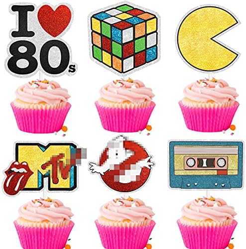 18 pcs Back To The 80s Picks Cupcake Toppers - Retro Throwback Theme Man woman happy Birthday Party Event Glitter Decoration Supplies