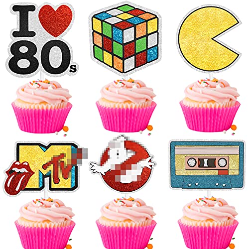 18 Pcs Back To The 80S Picks Cupcake Toppers - Retro Throwback Theme Man Woman Happy Birthday Party Event Glitter Decoration Supplies #TOP3