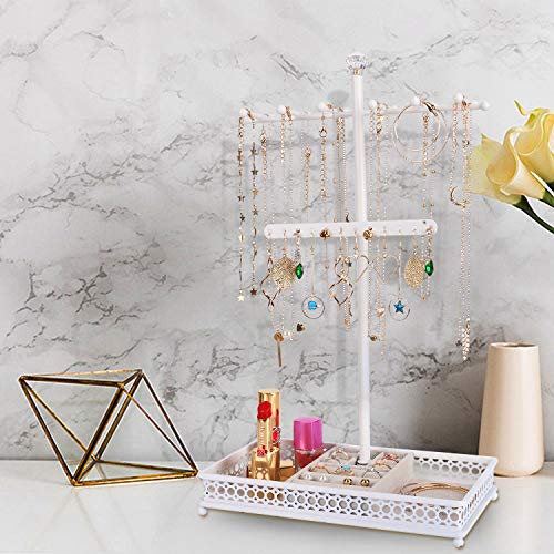 Meangood Jewelry Tree Stand Organizer 3In1 Necklace Organizer Display Bracelet Earrings And Ring Tray Jewelry Holder Hanger Metal（White） #TOP4