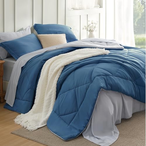 Bedsure Queen Comforter Set - 7 Pieces Reversible Slate Blue Bedding, Queen Size Bed Set for All Seasons, Bed in a Bag with Down Alternative Comforter, Sheets, Pillowcases & Shams