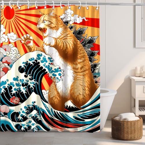 Image of Funny Japanese Cat Shower Curtain, Vintage Orange Cat Japan Anime Ocean Wave Waterproof Shower Curtain with Hooks, Funky Animal Sun Fabric Shower Curtains Kids Bathroom Decor 72X72inches