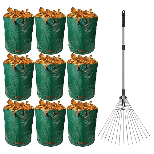 Heavy Duty Reusable Garden Waste Bags with Telescopic Metal Rake, Foldable Design with Handles for Easy Gardening Cleanup