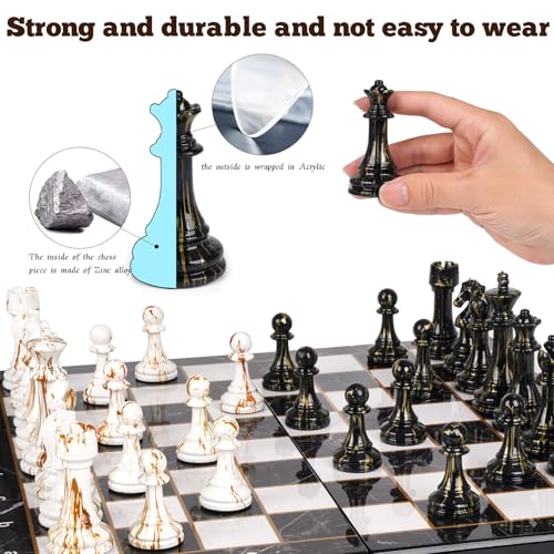 15" Large Chess Set for Adults with Weighted Acrylic Chess Pieces 3.5" King & Portable Folding Marbling Wooden Chess Board Travel Chess Sets Family Board Game Gift – Elegant Classic Chess Game - Image 5