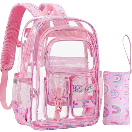 Image of Clear Backpack for School, 17 inch Heavy Duty PVC Transparent Bag, Cute See Through Bookbag with Pencil Case for Stadium Approved Women Girls Teens