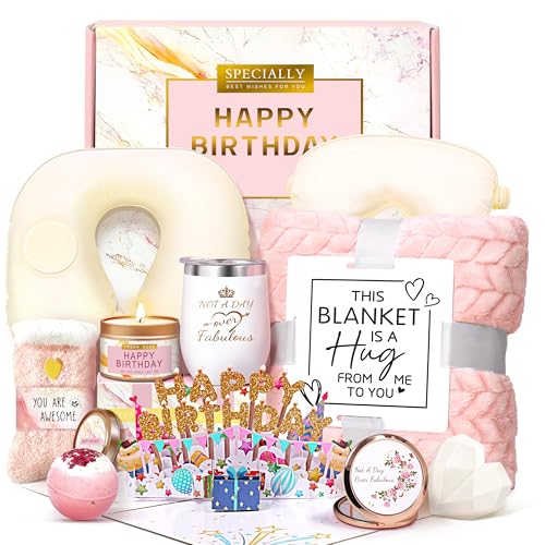 HSOEIXL Birthday Gifts for Women, Unique Spa Birthday Gift Basket with Blanket for Women - Happy Birthday Gifts for Her, Mom, Sister, Teacher, Girlfriend, Coworker, Wife, Bestie, BFF