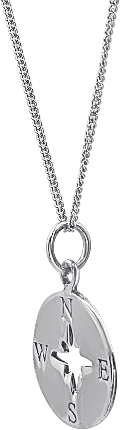 Silverly Sterling Silver Compass Pendant - Round Disc Medallion Necklace 18" - Celestial Cut-Out Northern Star Charm With Cable Chain - Solid Silver Jewelry for Women - Best Friend Travel Gift