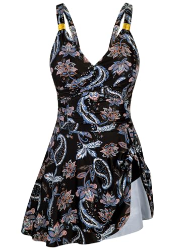 HUSKARY Womens Swimsuit Tummy Control Full Coverage Slimming Curvy Swimsuits for Women Ruched Long Torso Bathing Suit Skirt