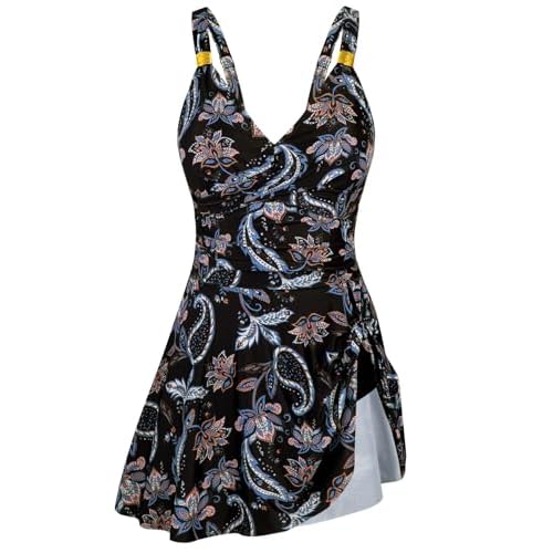 HUSKARY Women Swimsuit One Piece Tummy Control Swimdress Full Coverage Flowy Bathing Suits Gold Metal Tie Knot Swim Dress 20 Plus Flower09