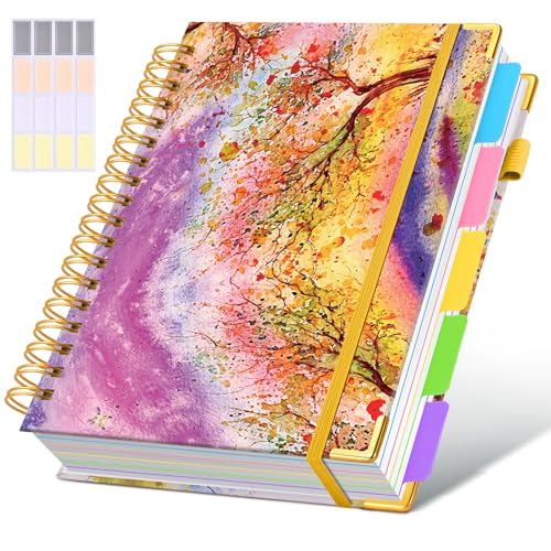 Hardcover Spiral Notebook Journal with Removable Dividers Tabs, 300 Pages 5 Subject Notebook College Ruled, 100GMS Notebooks for Work School Note Taking,Lined Journal for Women,Autumn Tree