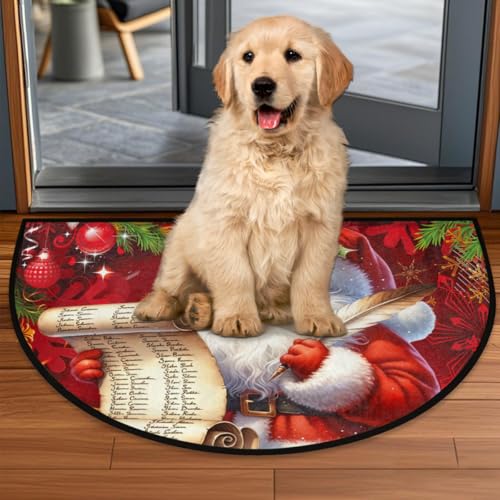 Image of cfpolar Christmas Santa Claus Holly Half Round Door Mat Outdoor Entrance Large 24 inchx36 inch Half Circle Welcome Entrance Way Mat Semi Circular Front Door Mat Area Rug for Garage, Patio, High Traffic Areas