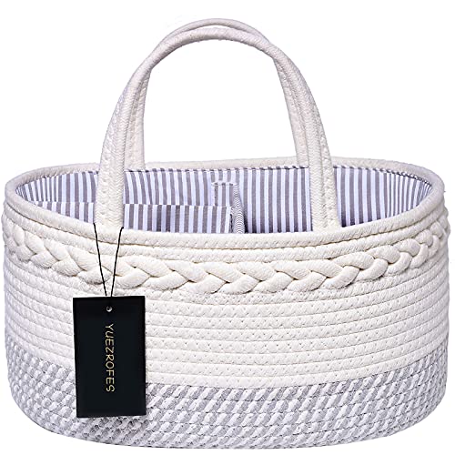 Image of YUEZROFES Baby Diaper Caddy Organizer, White & Gray Portable Cotton Rope Diaper Basket, Ideal for Storing Diapers and Baby Wipes, Baby Shower Basket, (15.3 x 7.1 x 9.8 inches)