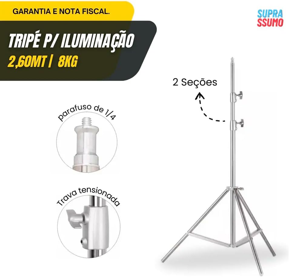 Tripé de Iluminação Profissional Greika em Aço Inox – Altura Máxima 2m – Para Estúdio Fotográfico e Vídeo