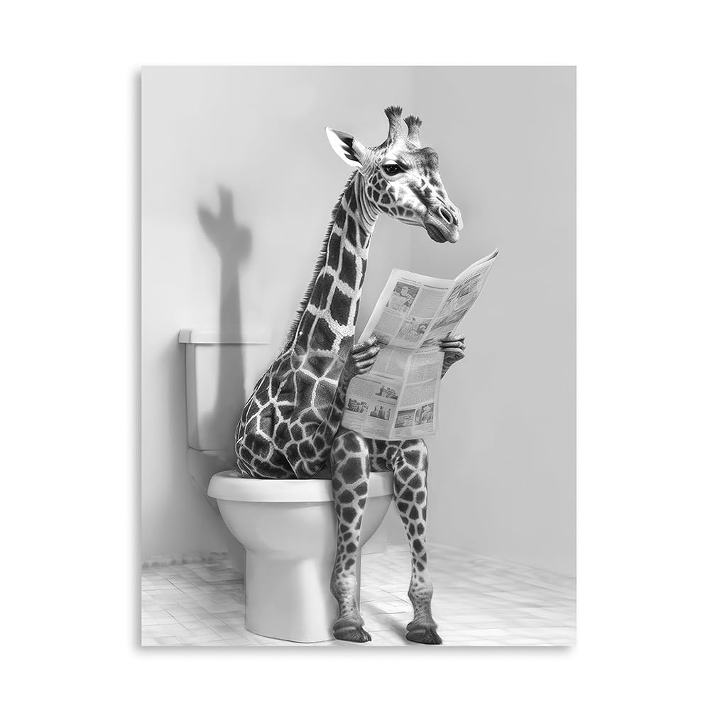 Yidepot Boys Toilet Giraffe-A Giraffe Kids Bathroom Wall Art: Canvas Bathroom Pictures Funny Animals In Toilet Reading Newspaper Black And Black And White Wall Art Framed 12"X16"