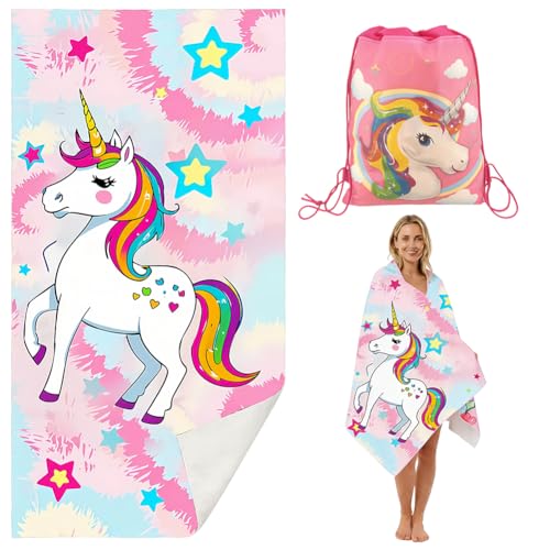 KDFSSIPE Serviette De Plage Licorne en Microfibre, Licorne Serviette De Plage, Livré avec Un Sac De Rangement pour Le Plier Une Fois Utilisé, Idéal pour Les Voyages Et La Plage (Pink White)