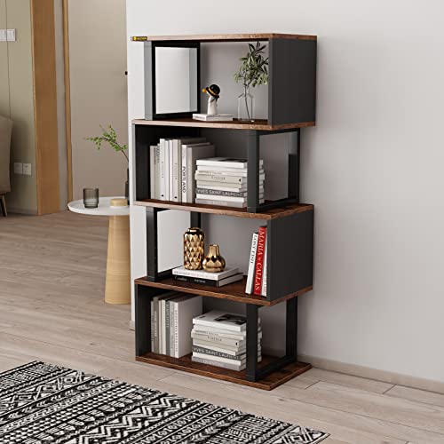 Alisened 5-Tier Geometric Bookshelf, Modern S-Shaped Black Bookcase And Book Shelf, Wooden Freestanding Display Shelf, Storage Shelving For Living Room Home Office #TOP23