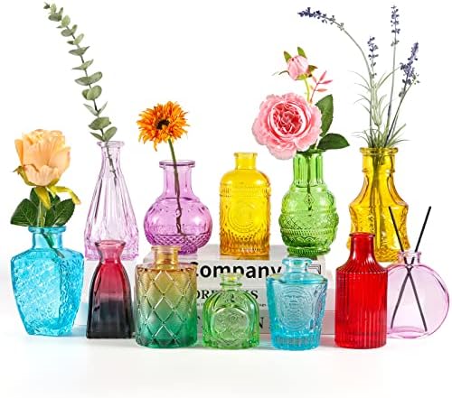 BIGIVACA Small Glass Bud Vases Set of 12,Mini Coloful Bud Vases in Bulk,Small Flower Vases for Centerpieces,Vintage Embossed Style Glass Bottles for Rustic Wedding,Home,Table Decor