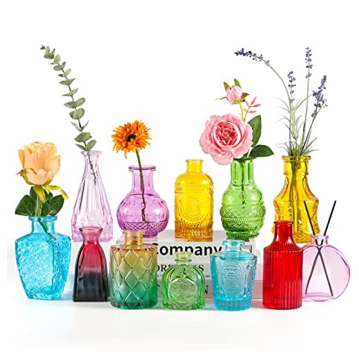 BIGIVACA Small Glass Bud Vases Set of 12,Mini Coloful Bud Vases in Bulk,Small Flower Vases for Centerpieces,Vintage Embossed Style Glass Bottles for Rustic Wedding,Home,Table Decor
