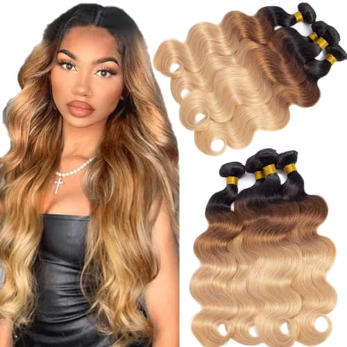Image of 16A Ombre Body Wave Bundles Human Hair (T1B /30 /27,18 inch 20 inch 22 inch 24 inch) 100% Real Human Hair 3X Longer Lifespan 100% Unprocessed Ombre Brown Body Wave Human Hair Weave Bundles