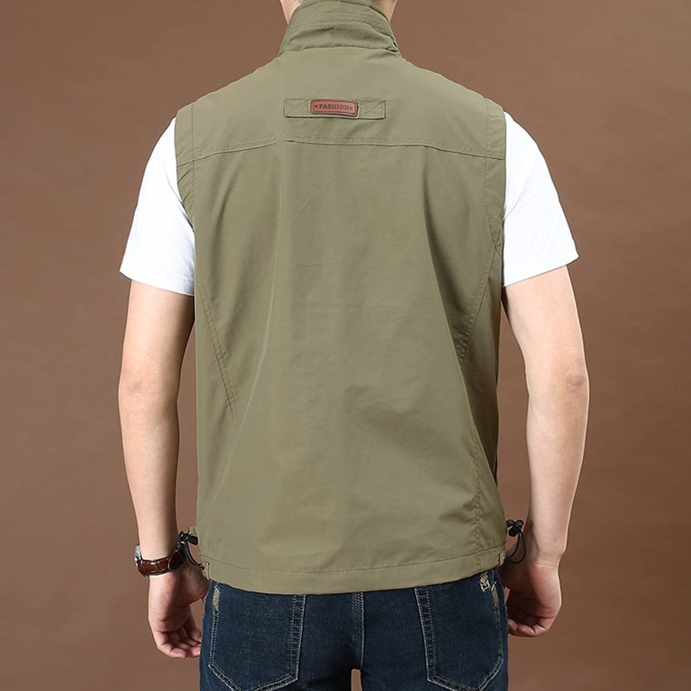 Gilet multi-tasche da lavoro da uomo con cerniera leggera e traspirante, gilet utilità gilet safari caccia escursionismo fotografia gilet giacca senza maniche per viaggi all'aperto pesca, cachi, M